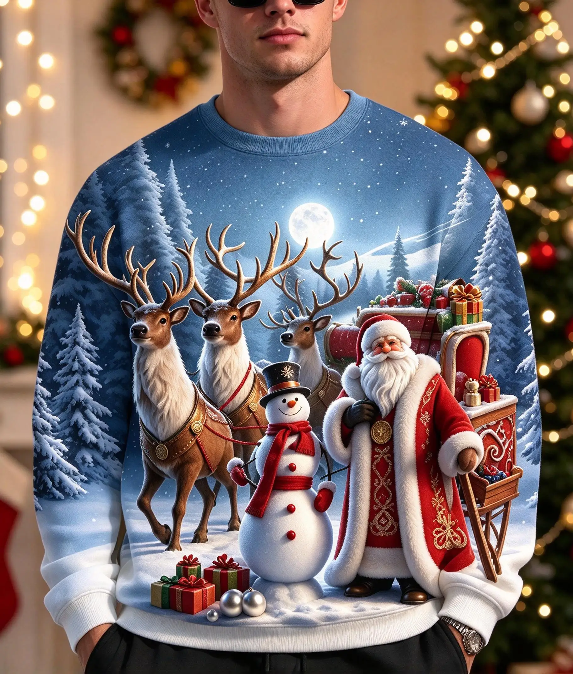 Men Christmas Round Neck Sweatshirt, Santa Snowman Reindeer Snow Forest Moon Print Polyester Casual Pullover