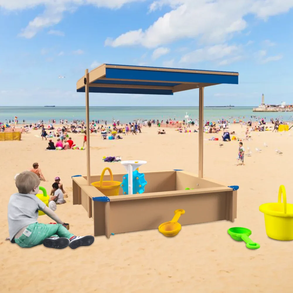 Kindersandkasten aus Holz mit verstellbarem Baldachin, Sandkastenabdeckungen, Kinderspielset aus Holz, Upgrade für den Hinterhof im Freien, einziehbar, golden