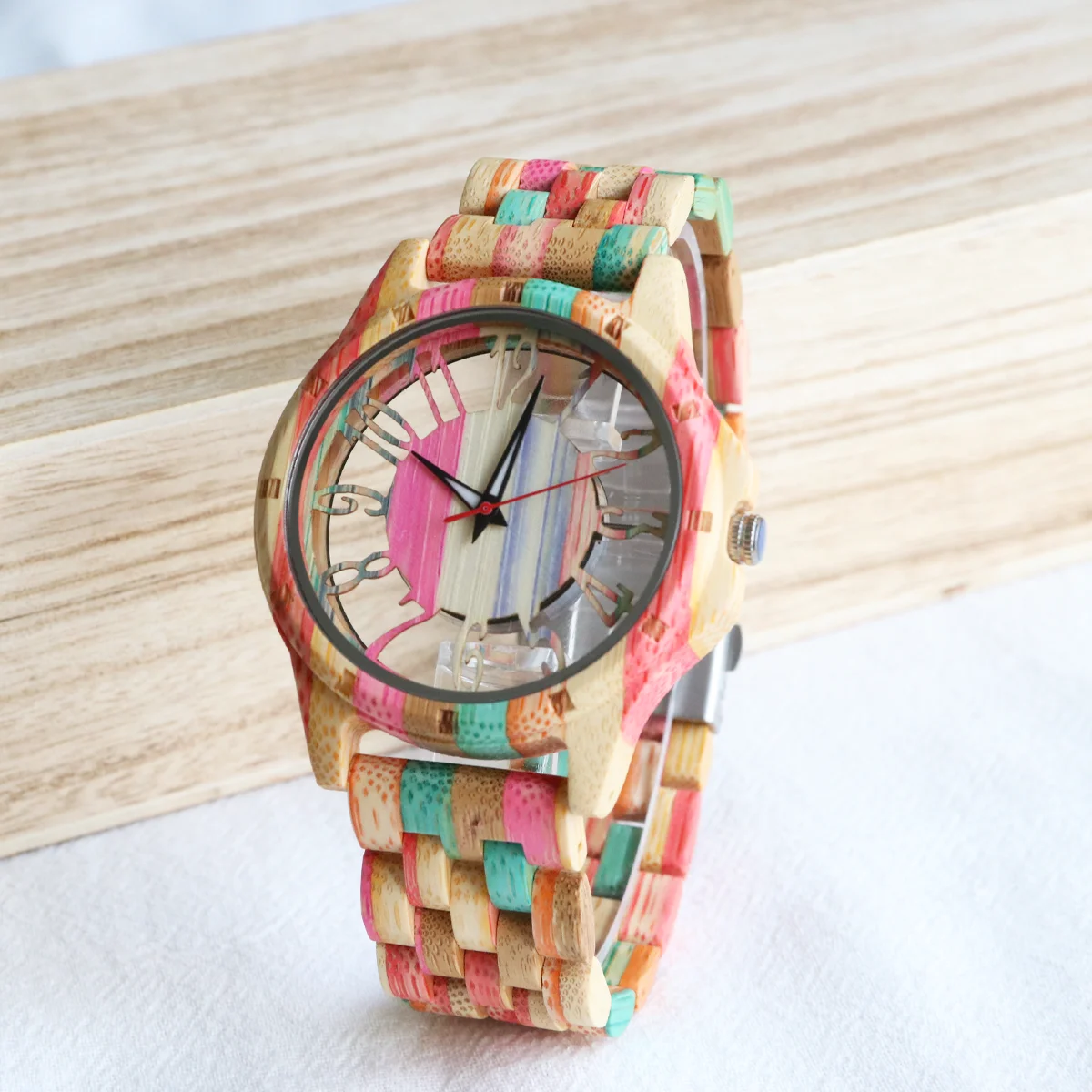 Colorful Bamboo Men's Watch,Hollow-Out Dial,Fashion Quartz Wristwatch,Minimalist Men's Wooden Watch,Unique Gift for Men