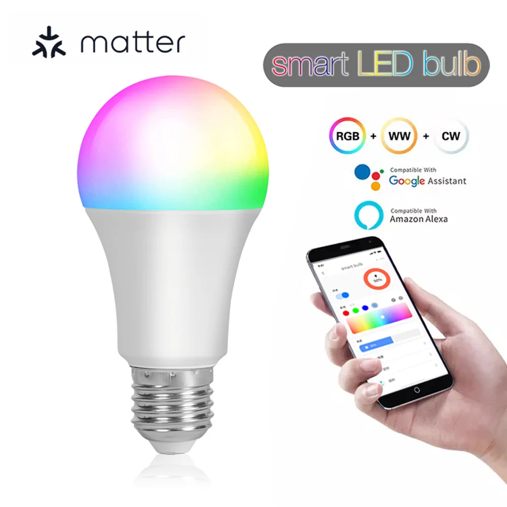 Imagem -06 - Lâmpada Smart Matter Lâmpada Led para Alexa Google Home Homekit Coisas Inteligentes Siri Tuya App Wi-fi Rgbcct E27 220v 9w