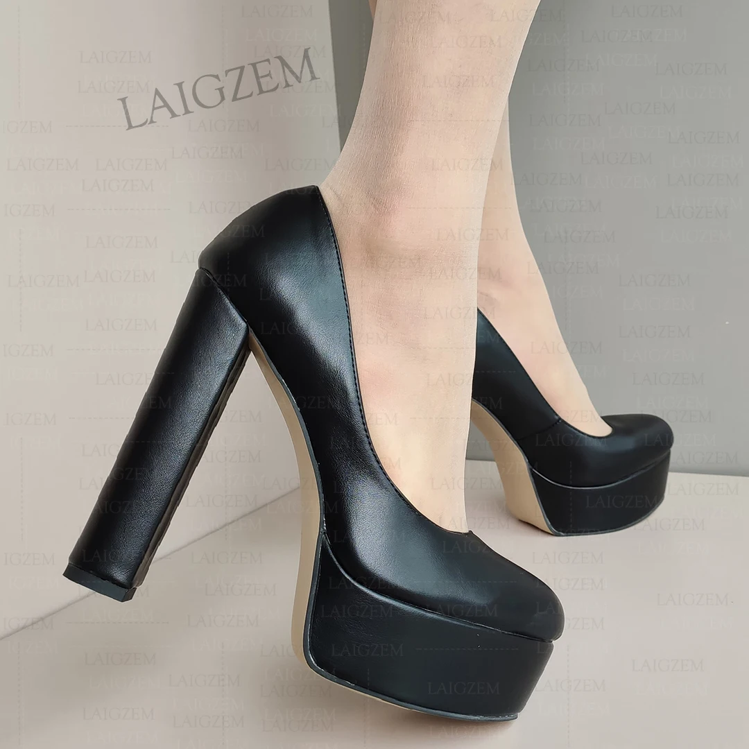LAIGZEM Women Pumps Round Toe Faux Leather Thick High Heels Sandals Slip On Handmade Female Shoes Woman Plus Size 38 41 43 45 52