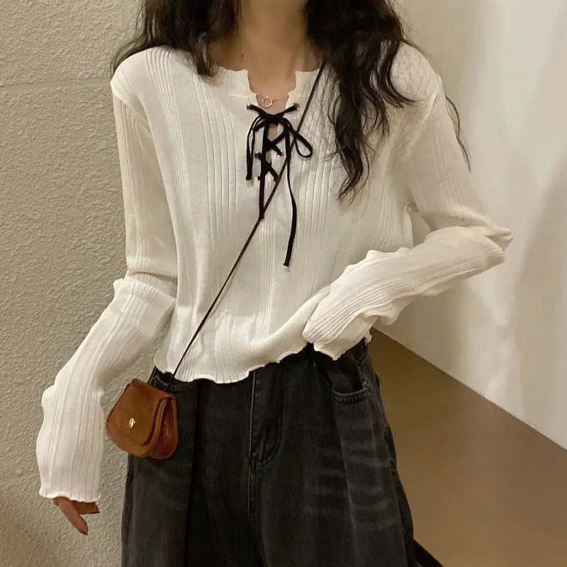 

Spring Autumn Women's Drawstring Short Sleeve Knit T-Shirt with DesignYY136