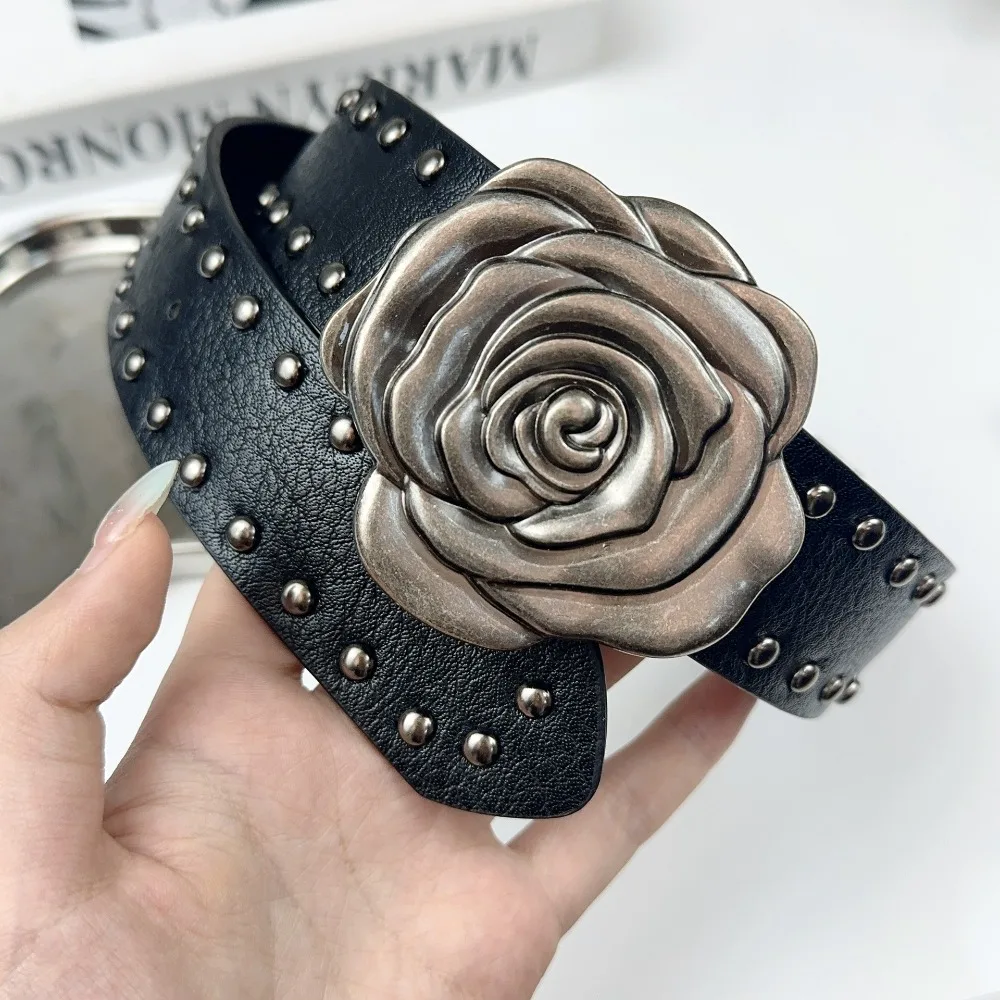 حزام روز بانك للنساء - حزام خصر مرصع بالجلد مع إبزيم، إكسسوار قوطي منفعل للجينز والتنانير