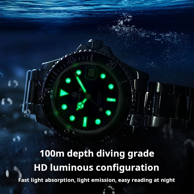 STARKING Brand 100M Diving Sports Mechanical Watch for Men Stainless Steel Waterproof Luminous Calendar Fashion Blue Watches Men