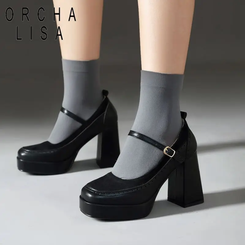 

ORCHA LISA Retro Female Pumps Square Toe Chunky Heels 9.5cm Platform 2.5cm Buckle Strap Splice Elegant Party Shoes Plus Size 43