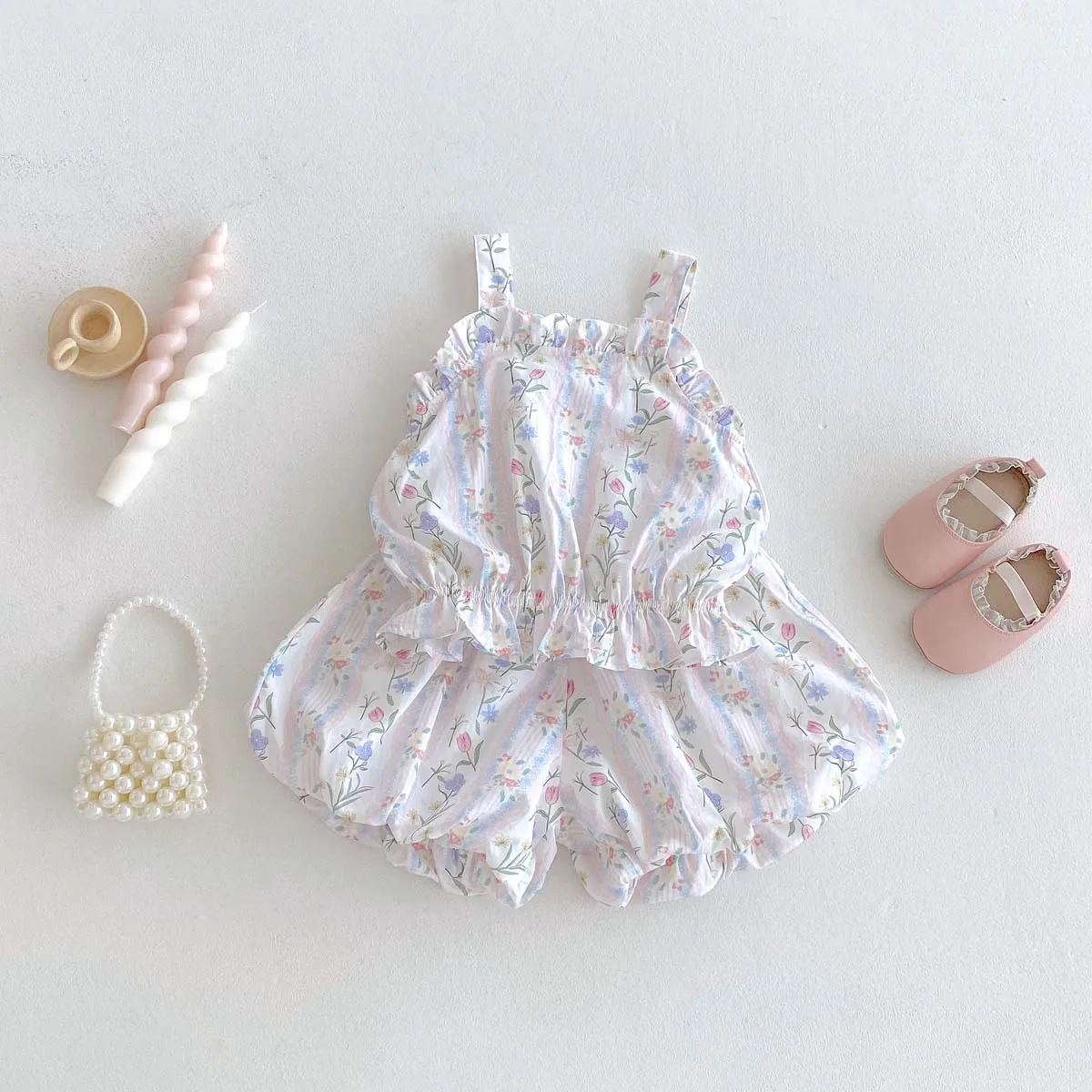 

Korean Version Ins Summer Thin Cotton Sen Series Baby Princess and Baby Girl Lace Sleeveless Shorts Set