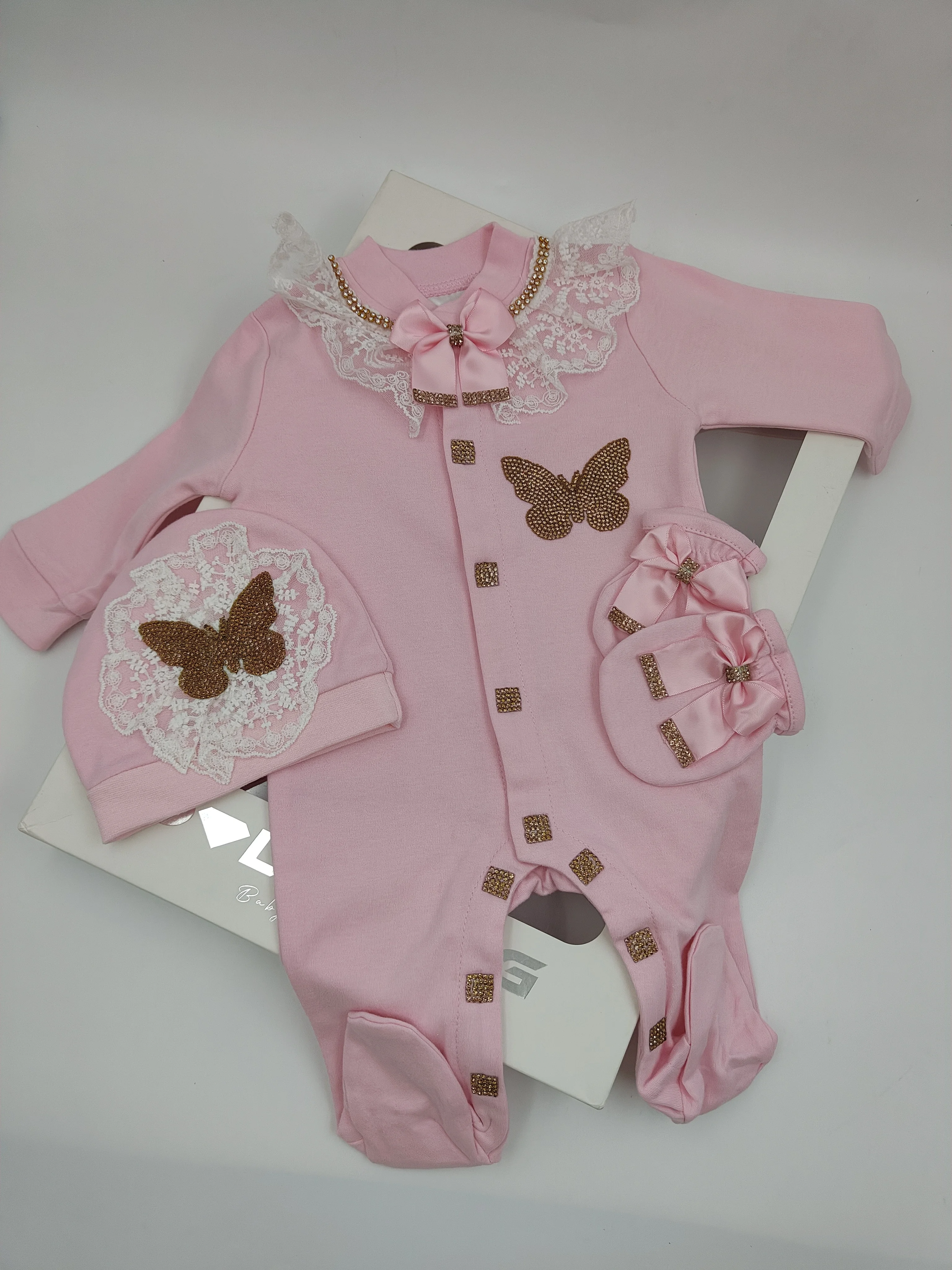 2026 Luxury Newborn Baby Girl Jumpsuit 3Pcs, Pink Cotton Lace Butterfly Rhinestone Bow Footed Onesie, Infant Photo Outfit Gift