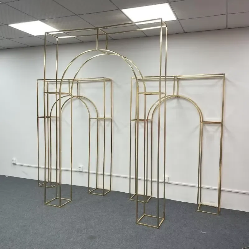 New Wedding Gold-Plated Screen Backdrop Frame Wrought Iron Golden Arch Indoor Wedding Scene Decoration Props Metal Flower