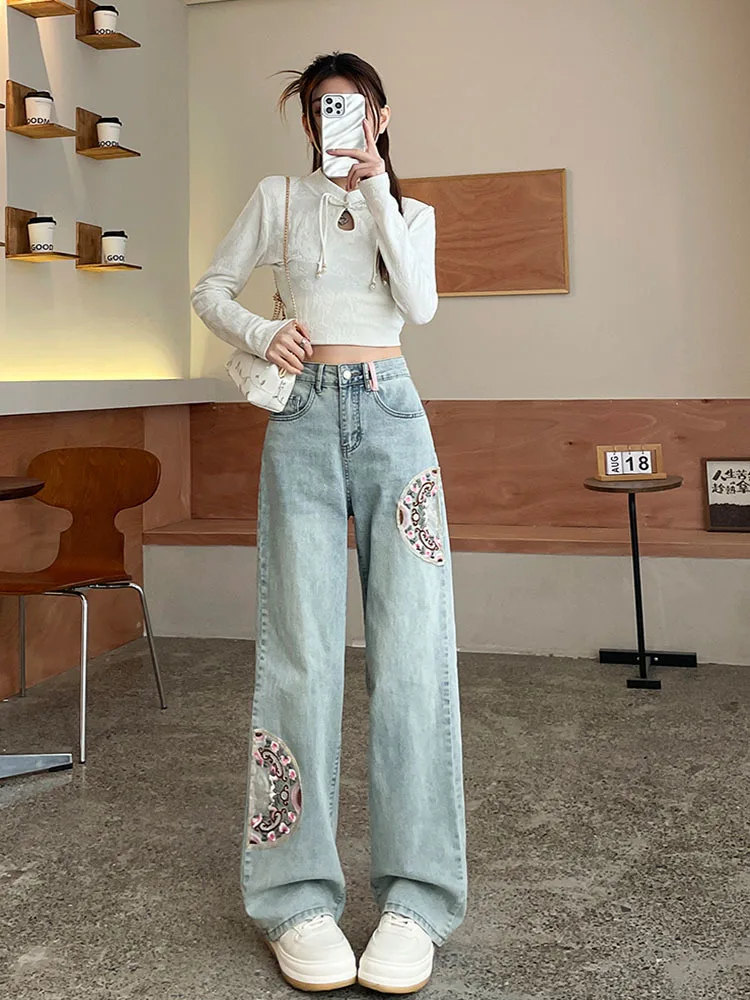 Jean Vintage Bleu Taille Haute pour Femme, Streetwear Brodé à la Mode Américaine, Jambes Larges, Surintendant, Pantalon Baggy Droit Y2K