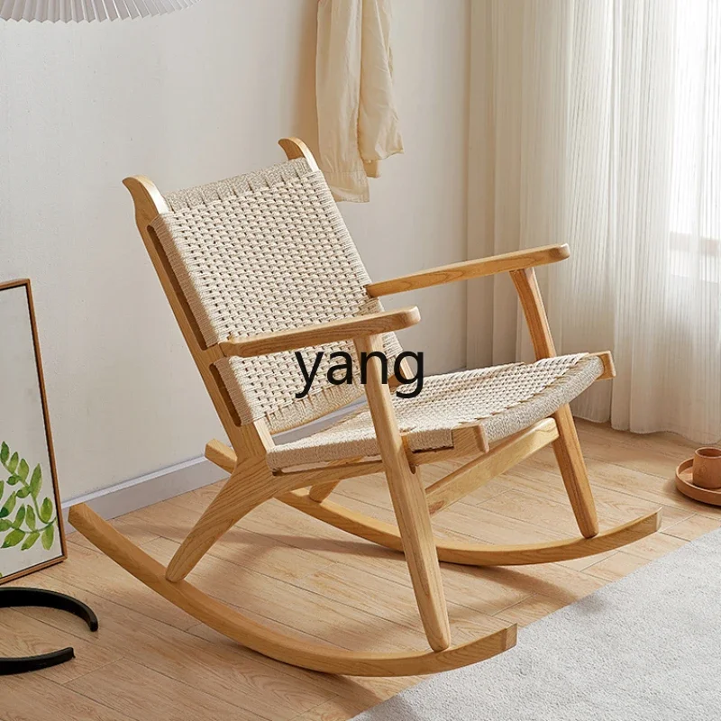 LH solid wood rocking chair rope braided balcony backrest home leisure living room leisure chair