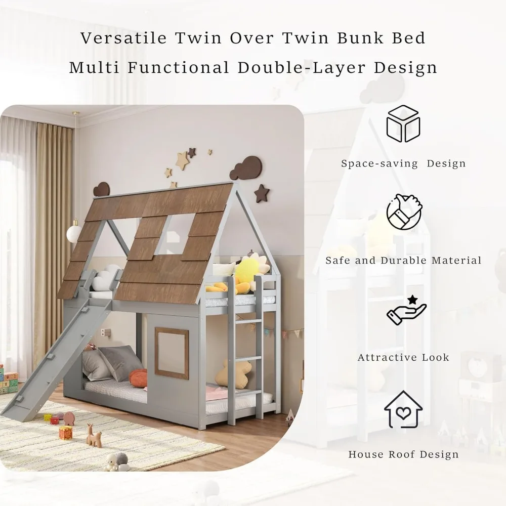Beliche duplo sobre casa dupla para crianças, estrutura de beliche de madeira com design de telhado de janela e guarda-corpo, beliche de chão montessori fra