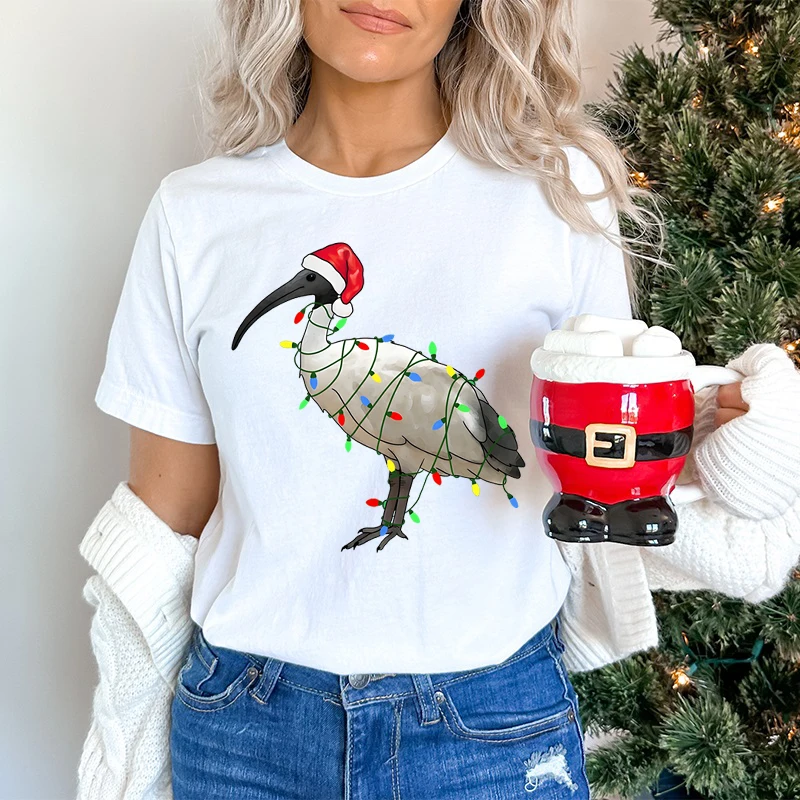 Womens Christmas T-shirt Festive Bin Chicken Graphic Print Tees Trendy Christmas Chicken Printed Women Fashion Casual T-shirts