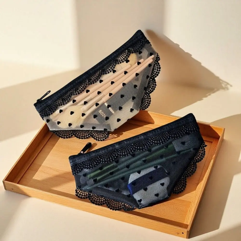 New Briefs Shape Cosmetic Bag Lace Heart Transparent Makeup Storage Pouch Mesh Y2K Toiletry Bag Storage for Travel