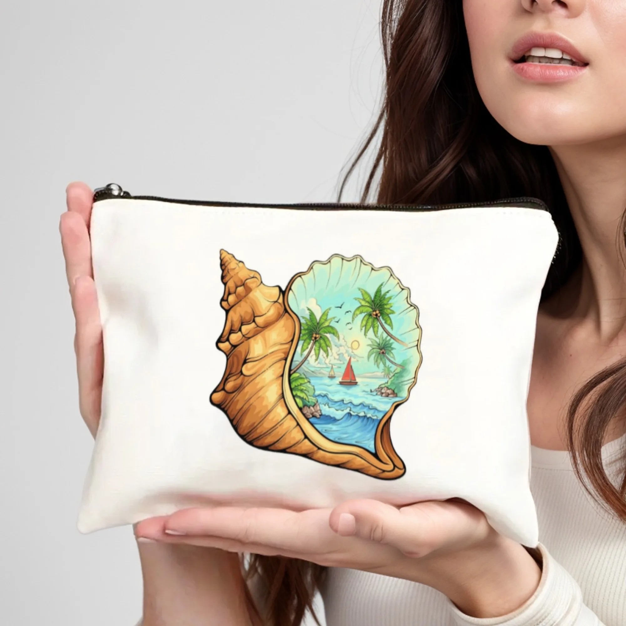 حقيبة مستحضرات التجميل ذات المشهد الاستوائي - منظم أدوات الزينة لعشاق الشاطئ، حقيبة مكياج عصرية محمولة بسحاب