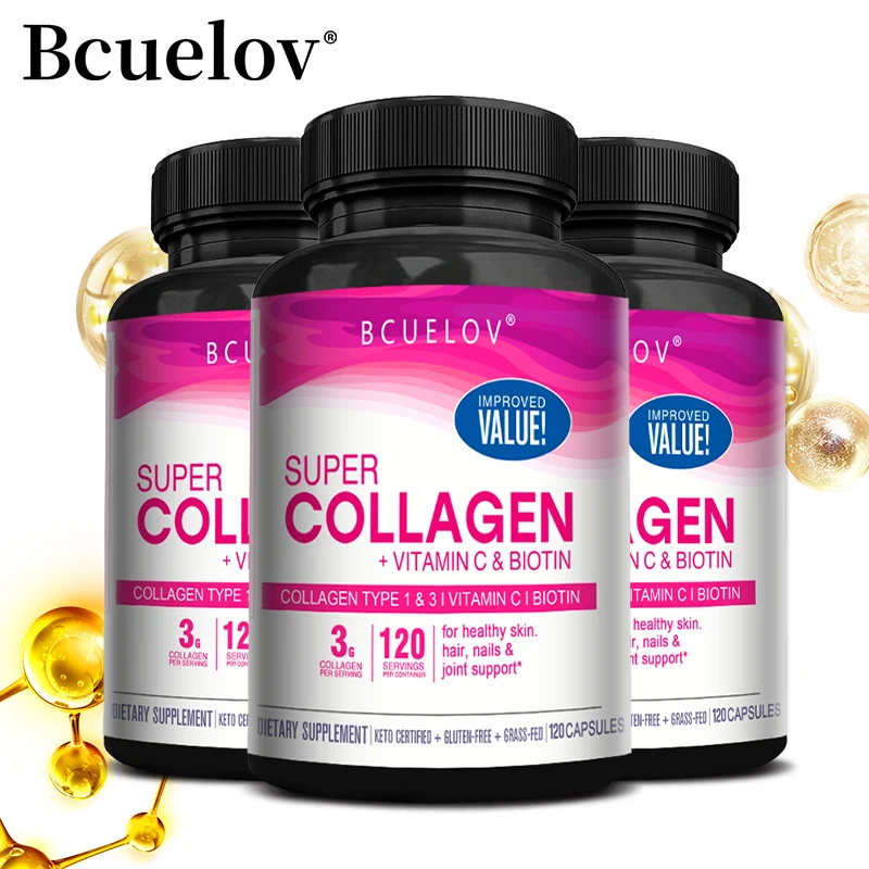 Bcuelov Collagen + Vitamin C + Biotin Supplement - For Skin, Joint Health, Energy Supplement, Immune Support, Non-GMO