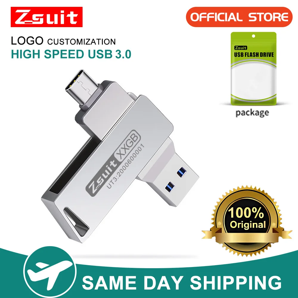Zsuit USB Flash Drives Rotate USB-C Pendrive 64GB 128GB USB3.0 Type-C Pen Drives 2in 1 U Disk for iPhone Laptops Memory Stick