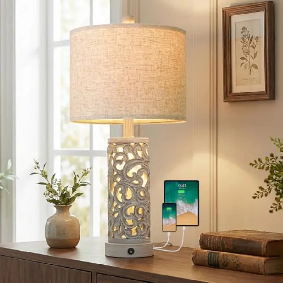 

22'' Farmhouse Table Lamp for Living Room Bedside Lamp with 2 USB Ports for Bedroom Rustic Nightstand Lamp with Linen Lampshade