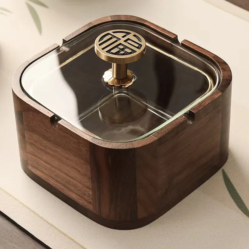 Walnut solid wood ashtray high-end office with cover anti-fly ash Chinese light luxury gift Father's Day gift