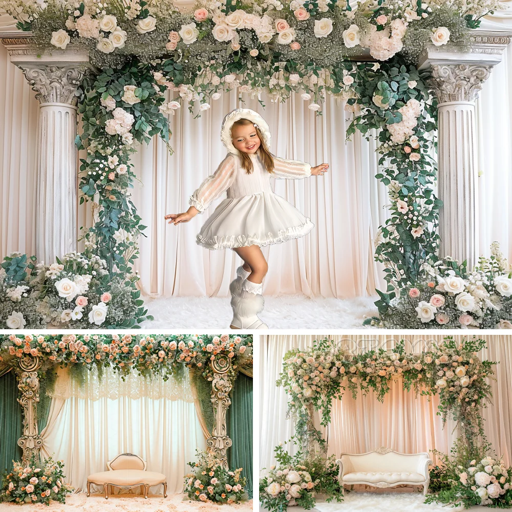 Floral And Greenery Arch Spring Photography Backdrop Lace Curtains Sacred Wedding Baby Birthday Portrait Background Photo Studio