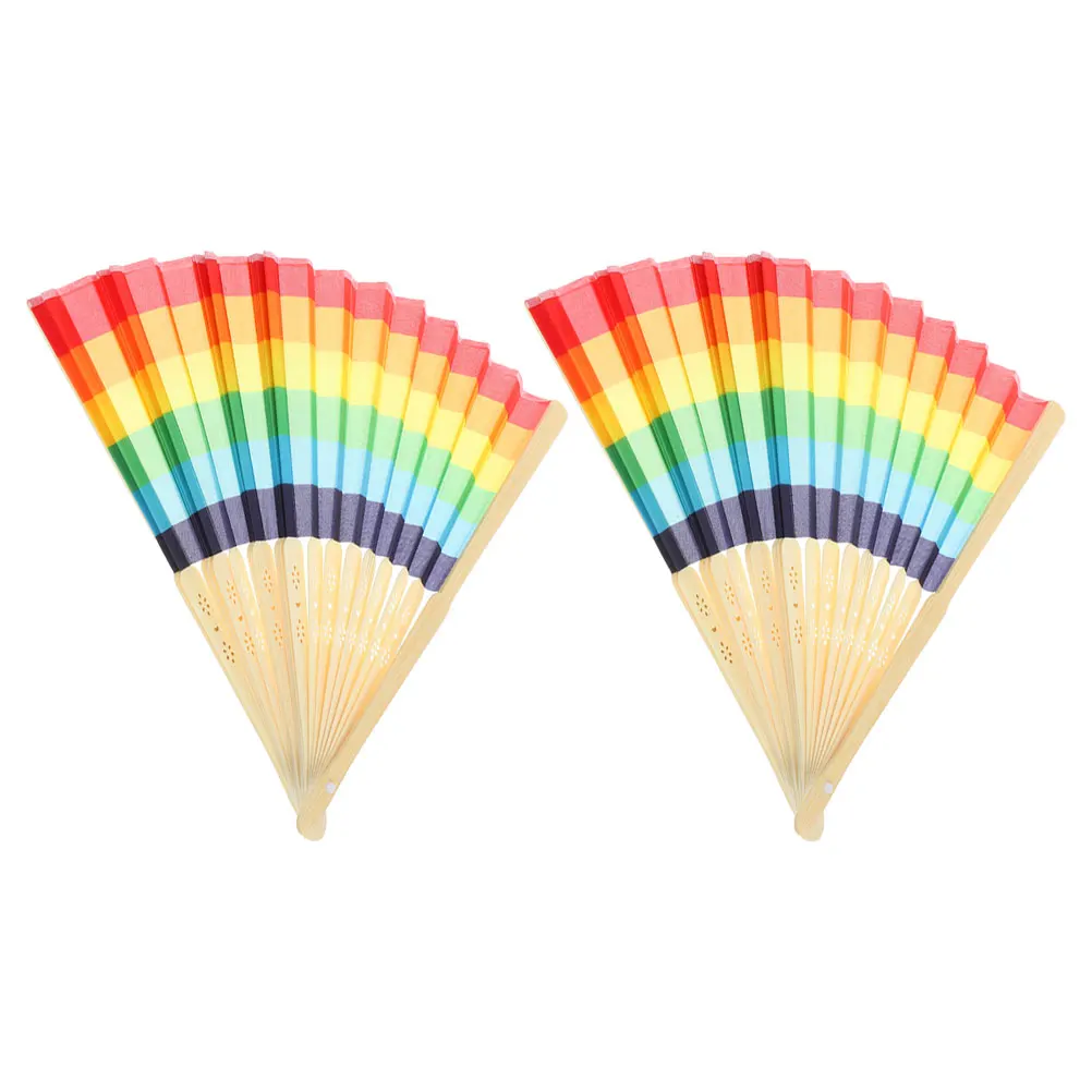 2pcs Folding Bamboo Frame Rainbow Hand Cloth For Wedding Party Decor Handheld Festival Prop Gift Lightweight