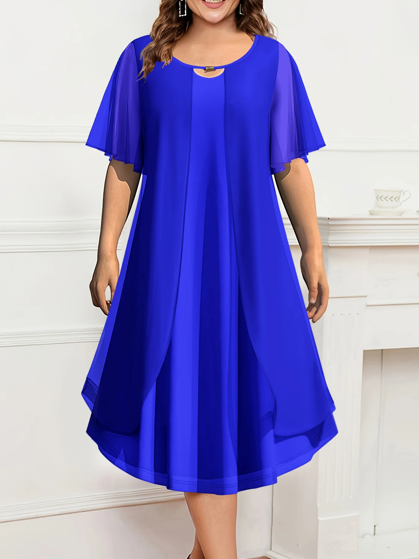 Plus Size Summer Women Dress Mesh Chiffon Tired Solid Elegant Casual A-Line Short Sleeve Midi Dress Fashion Office Lady Dresses