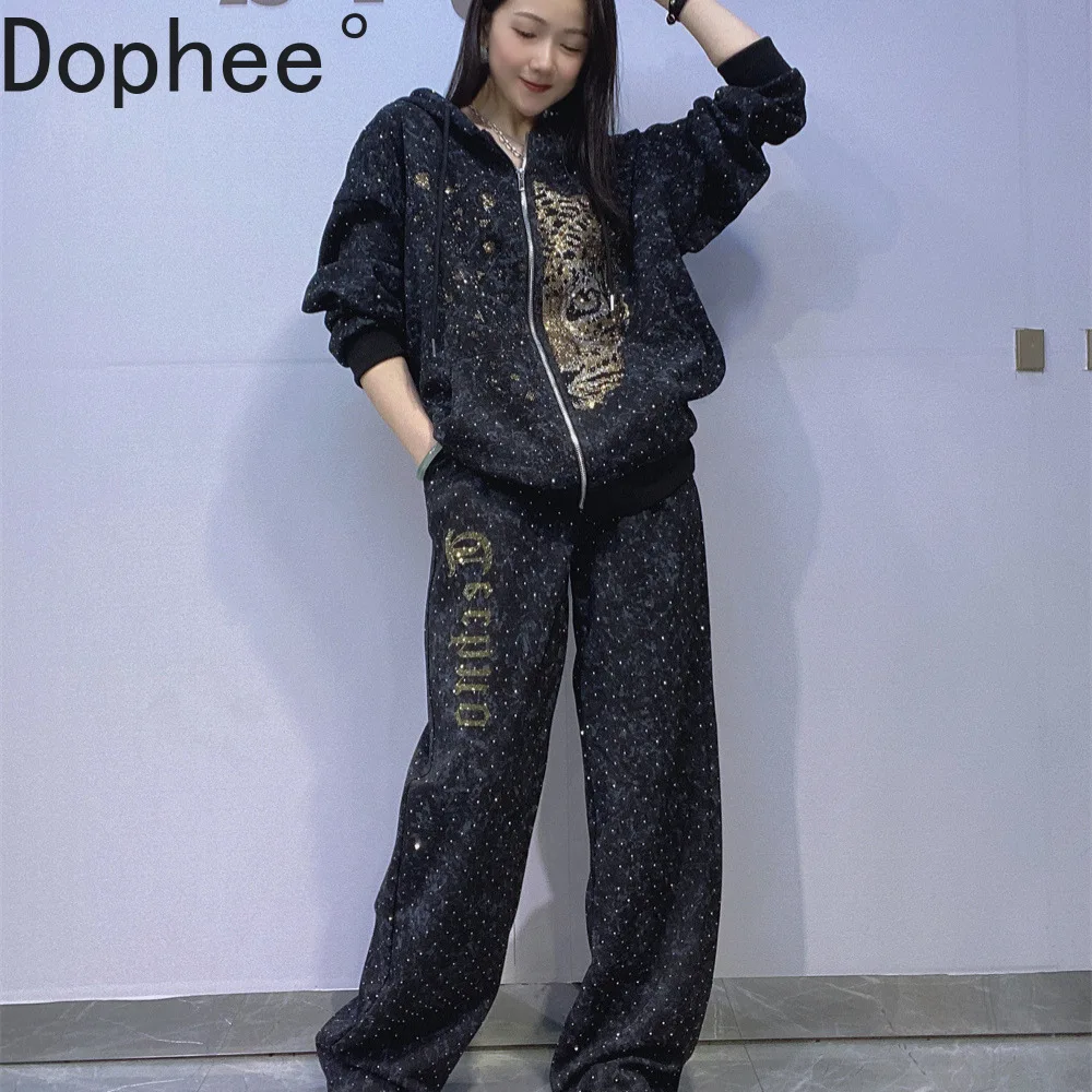 

American Street Hoodie Sets Women New Autumn Tie-dye Hot Drilling Hooded Zip Cardigans Coat + Wide Leg Casual Straight Pants