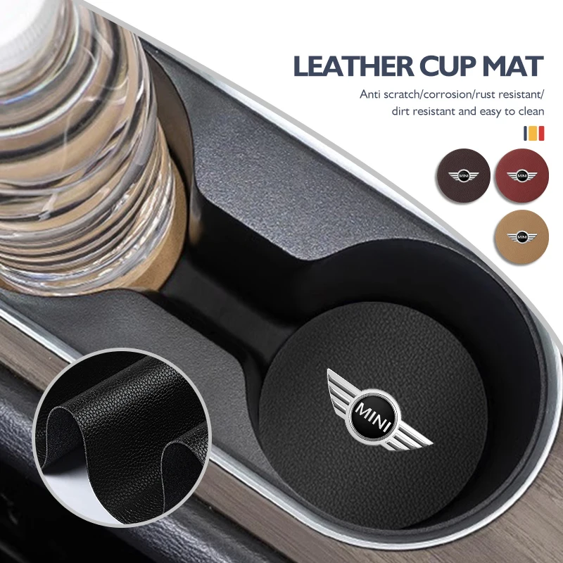 2pcs Leather Car Coaster Suede Anti-Slip Mat Water Cup Holder For MINI Cooper One JCW Clubman Countryman R55 R56 F55 F56