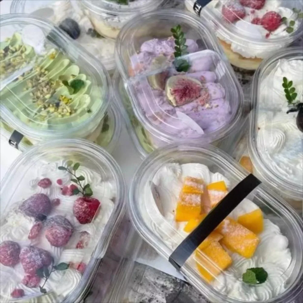 

50pcs Clear Dessert Container with Lid Oval 500/280ML Cake Packing Box Cake Container Individually Packaged