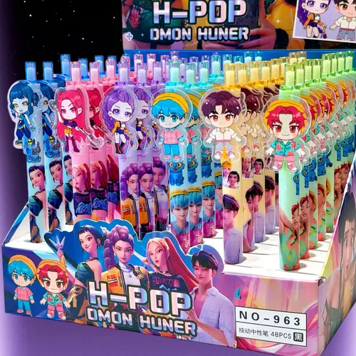 Bolígrafo negro KPop Demon Hunters para estudiantes, juego de dibujo de examen, figura de dibujos animados de Anime, papelería, suministros de estudio, regalo para niños, 3 uds.