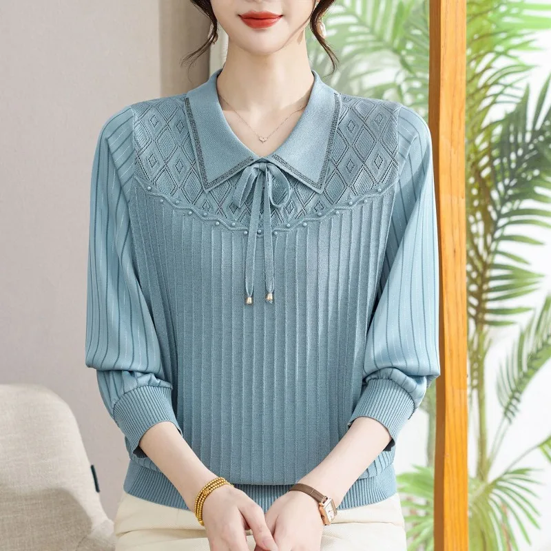 Women Mom Style Lapel Knit Top Bow Tie Rhinestone Decor Hollow Out Loose Long Sleeve Middle Aged Casual Pullover