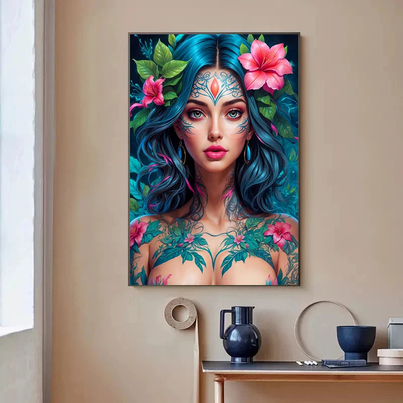 Floral Cyberpunk Girls Tattoos Posters Beautiful Flower Fashion Sexy Anime Girl Canvas Print Painting Home Bedroom Decor Gifts view 4