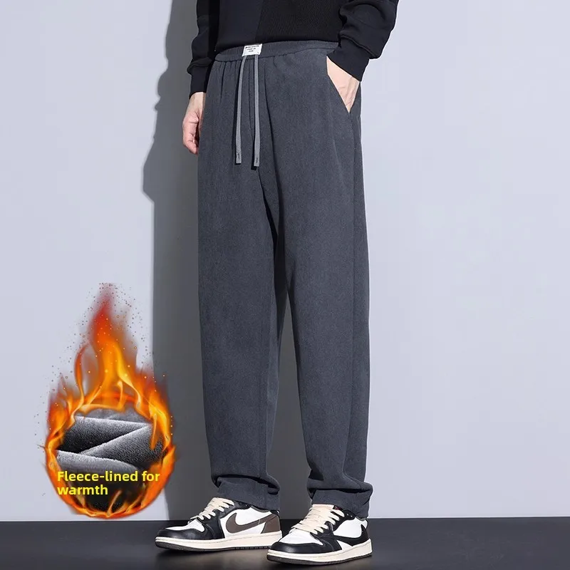 

Men's Loose Fce Lined Thi Wide Leg Casual Pants Autumn Winter Busin Sle Polyester Fiber Straight Cut Trousers
