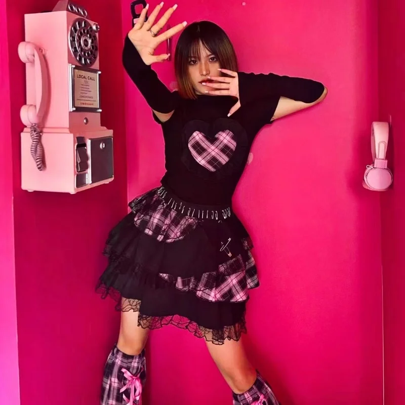 

Millennial Spice Girl Rock Sweetheart Pink Plaid Cake Skirt Heavy Industry Metal Lace Yuansuo Punk Pompo Skirt