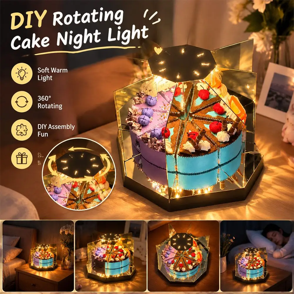 新しいdiyケーキナイトライト、回転式ledライト、diyケーキデコレーションキット、手作りケーキオーナメント、お部屋の装飾に