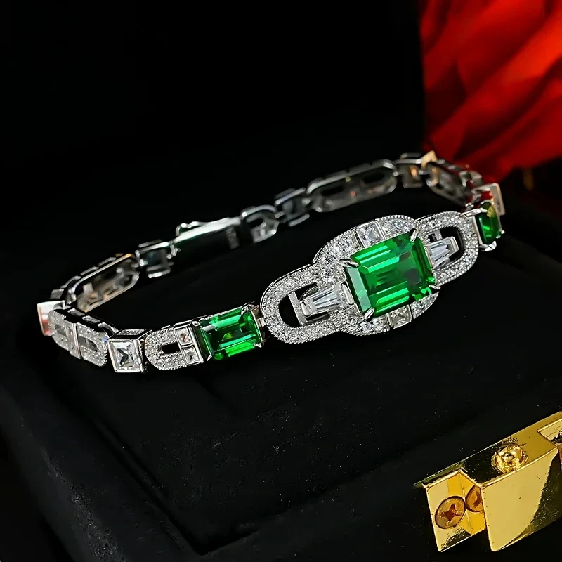 New emerald 925 silver temperament tourmaline bracelet inlaid with high carbon diamonds, high-end and versatile for women