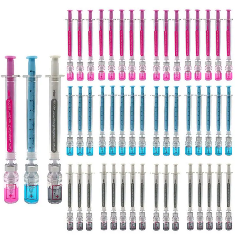 48Pcs Syringe Gel Pen Simulation Eliminates Virus Injection Syringe Shape Black Ink Signature Pen Vaccine Pen