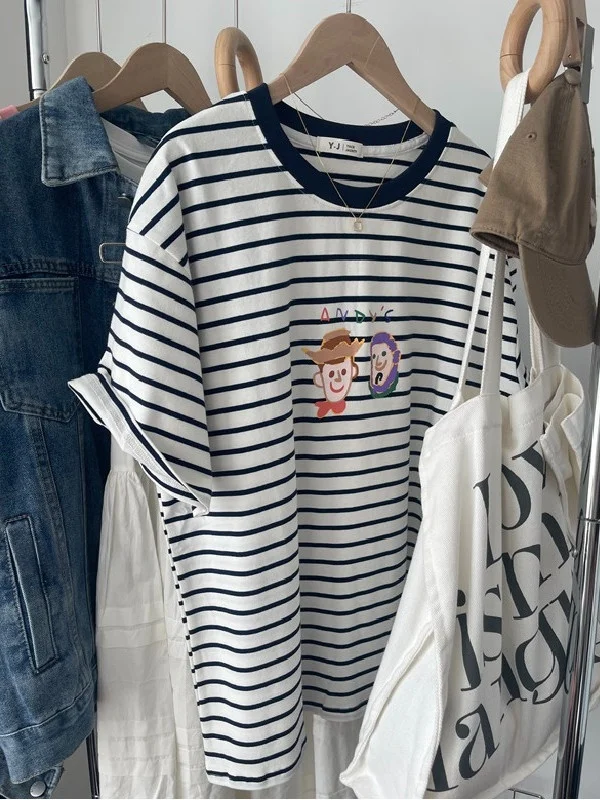 

plus Size Women's T-Shirt Sweet Style round Neck Short Sleeve Striped Print Casual Summer Fashion Top for plus Size Ladies
