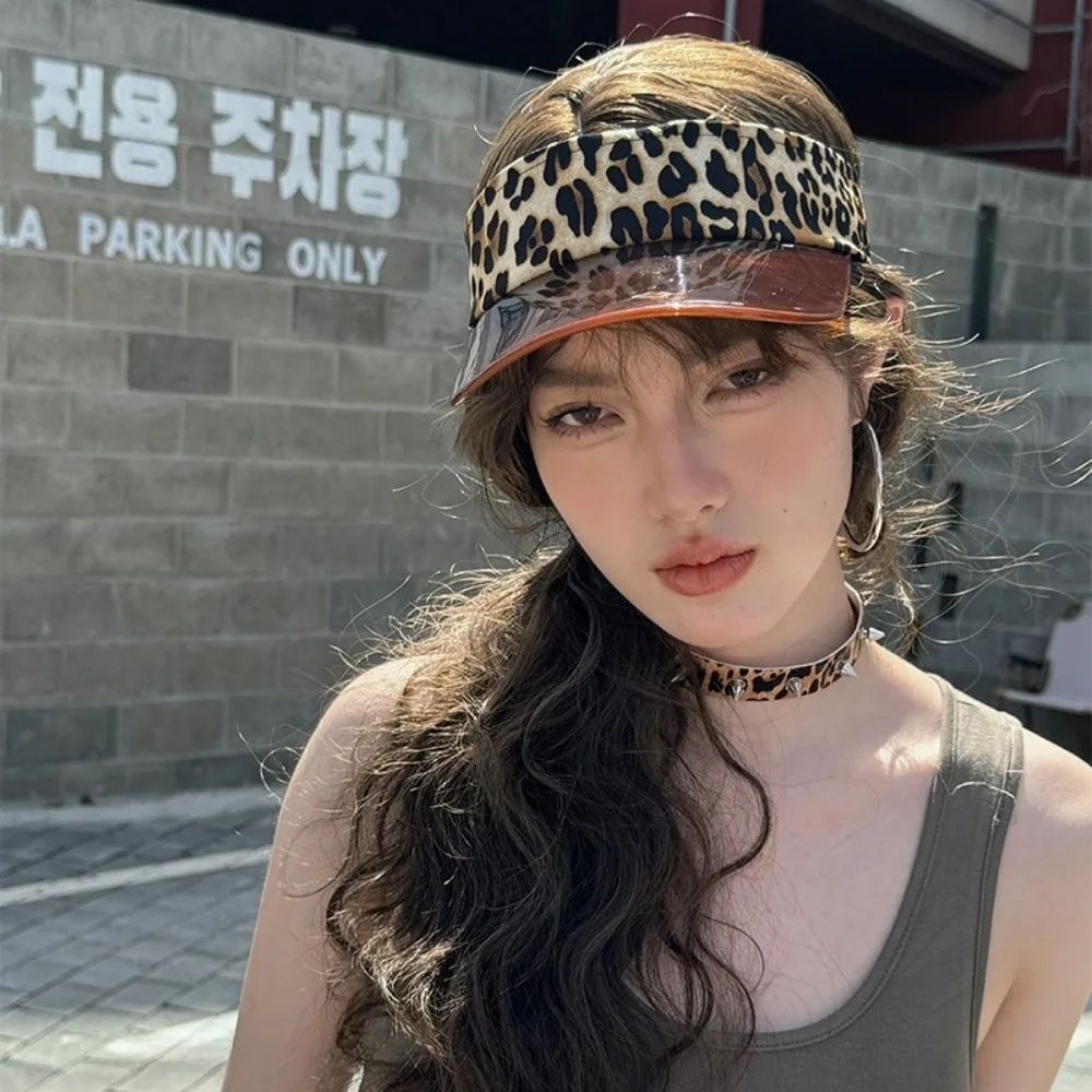 Sports UV Protection Leopard Print Visor Cap Sunscreen Solid Color Transparent Hollow Hat Cool Adjustable Sun Hat Unisex