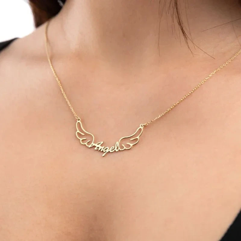 Personalized Name Angel Wing Gold Necklace Custom Designed Stainless Steel Pendant Necklace with Link Chain for Women Jewelry