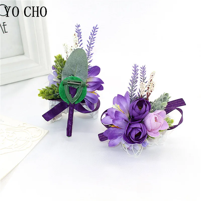 YO CHO Wedding Corsages flower Groom Boutonniere Purple Silk Rose Man Brooches Wedding Bridesmaids Bracelet Wrist Corsage Flower
