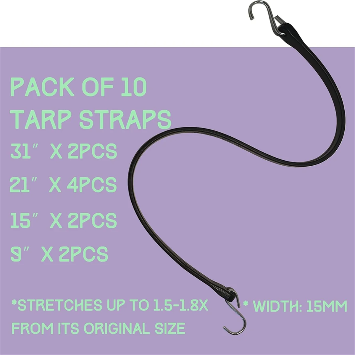 A78G Heavy-Duty Outdoor Rubber Bungee Cords with Hooks, Assorted Sizes(9in,15in,21in,31in),for Securing Tarps,Covers,Canvases