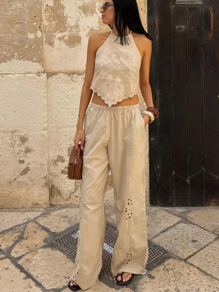 

HH Women Summer 2-Piece Set Sleeveless Backless Embroidery Strapless Poplin Top+Elastic Waist Pocket Pajama Style Trousers