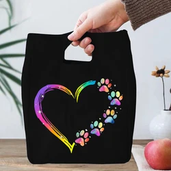 Colour Heart Dog Paw Lunch Bag for Kids Women Black Animal Paw Insulated Cooler Lunch Box for School Work Women Picnic Beach