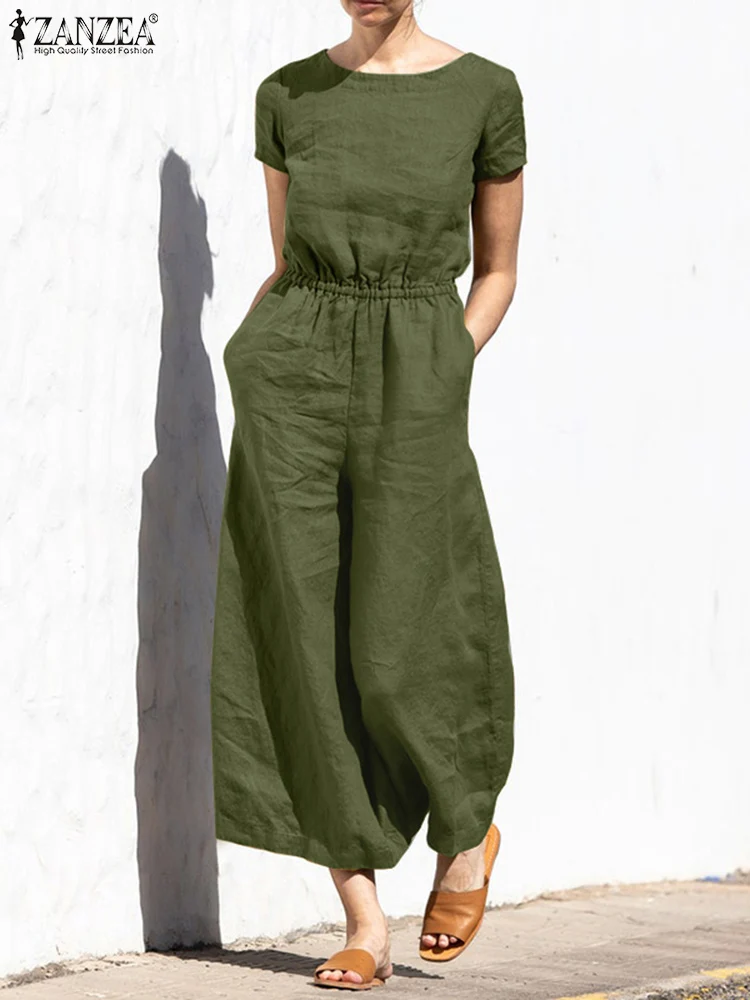 Women Short Sleeve Solid Loose Wide Leg Jumpsuits ZANZEA Fashion Summer Rompers Elastic Waist Long Playsuits Casual Overalls