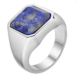 Mens Natural Lapis Lazuli Navy Dark Blue Brazilian Stone Signet Ring Male Stainless Steel Party Jewelry Gifts for Boyfriend