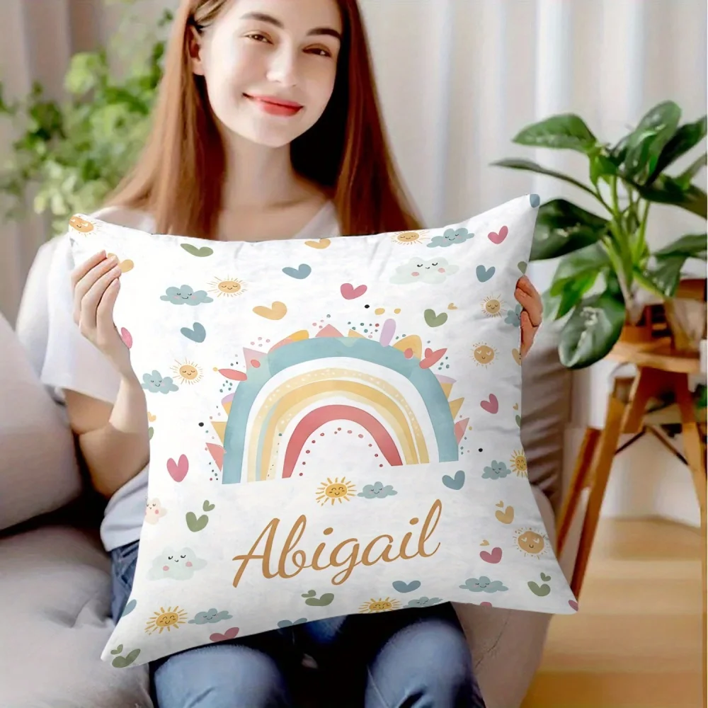 1Pc Personalized Custom Text/Name Heart and Rainbow Pattern Throw Pillow, Double-Sided Printed, Soft Plush Cushion with Insert