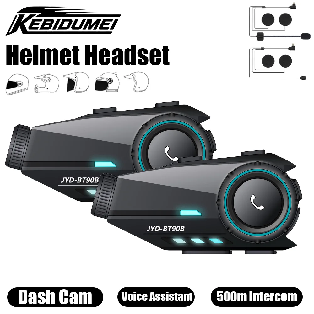 

Helmet Headset Motorcycle Intercom with 16G TF Card Cash Cam BT5.4 Wireless Speaker 500m Interphone For 2-Rider Moto Accessories