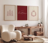 Beige and Red Christmas Tree and Elk Canvas Prints Minimalist Happy Christmas Wall Art Poster for Modern Living Room Home Decor