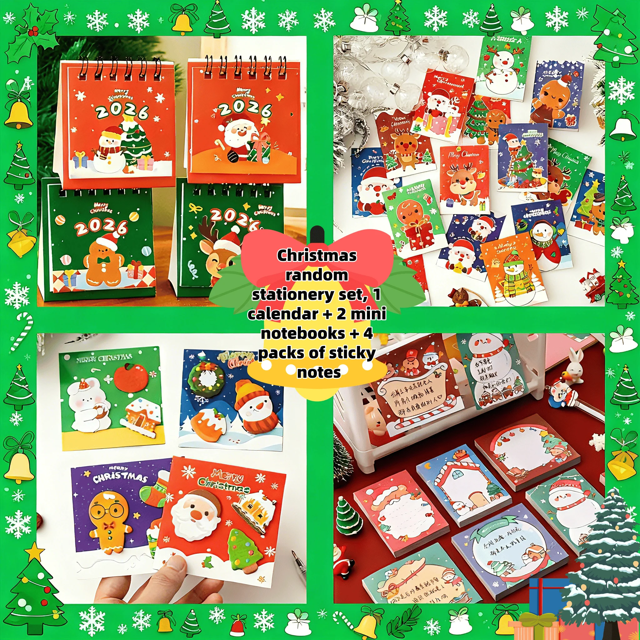 Zufälliges Weihnachts-Briefpapier-Set, Kalender 1 2026 + 2 Mini-Notizbücher + 4 Packungen Haftnotizen, Schulbürobedarf