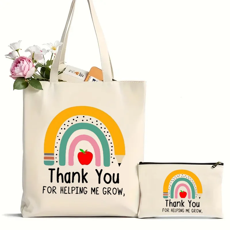 2Pcs Thank You Helping Me Grow Rainbow Pattern Shopping Bag, Canvas Shoulder Bag, Reusable Storage Tote Bag, Gift For Teacher